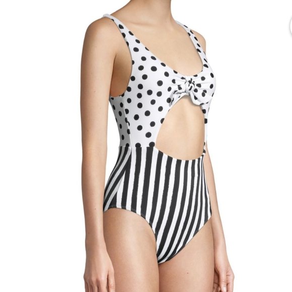 Pin-Up Polka Dot Striped Tie Front Keyhole Cheeky 1-Pc Swimsuit XL White Black - Picture 3 of 16